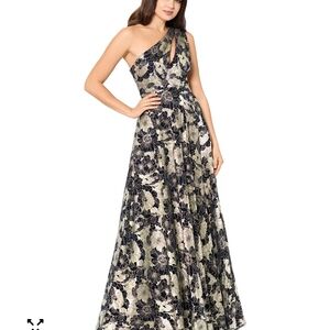 Betsy & Adam Petite One-Shoulder Metallic Floral Jacquard Gown